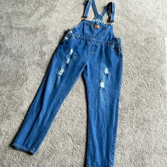 Base Girl New Jens Distressed Denim Overalls - Picture 1 of 11